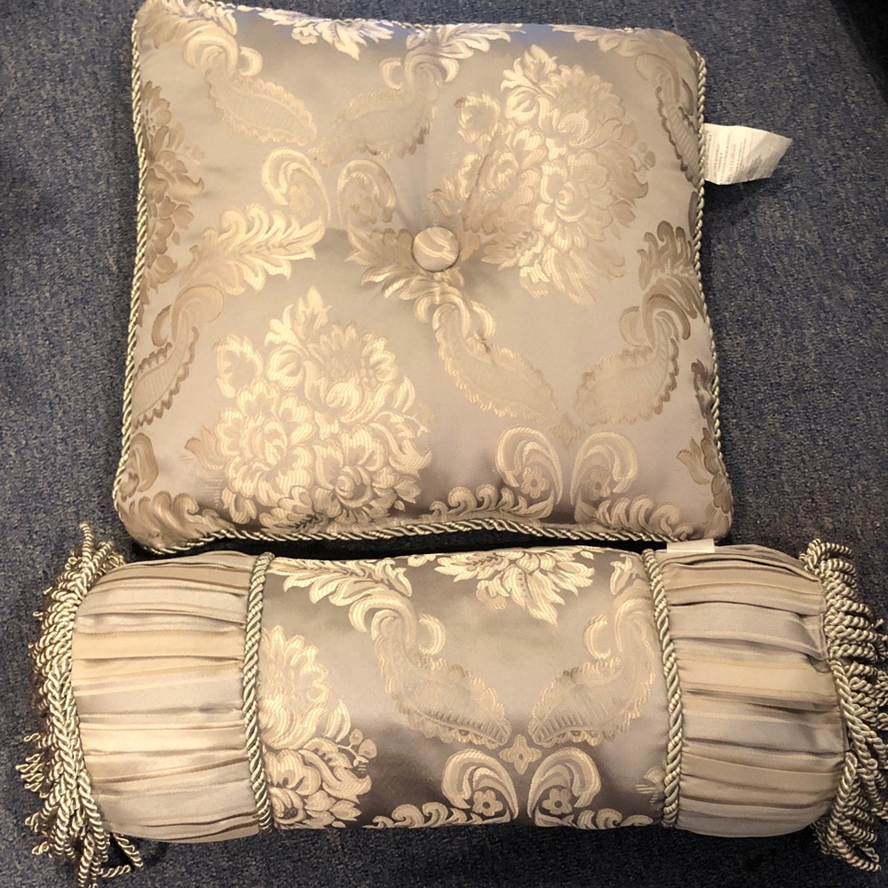 Elegant Gold Brocade Square and Bolster Pillow Set - Unbranded